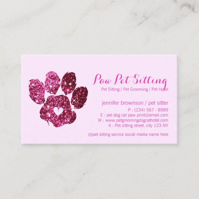 Elegant Dog Cat Grooming Glitter Pet Sitter Paw Business Card