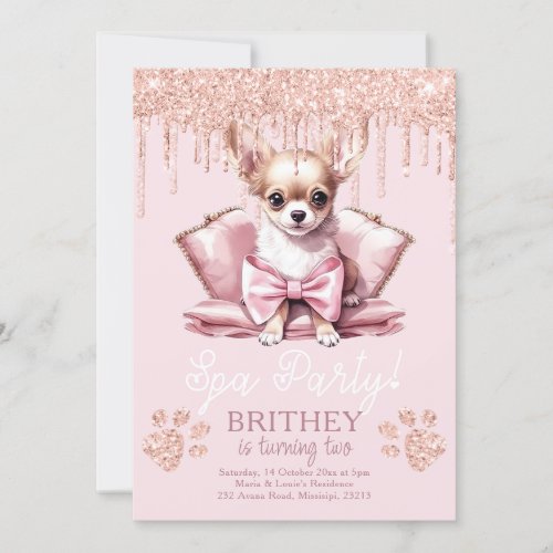 Elegant Dog Glitter Spa Birthday Invitation