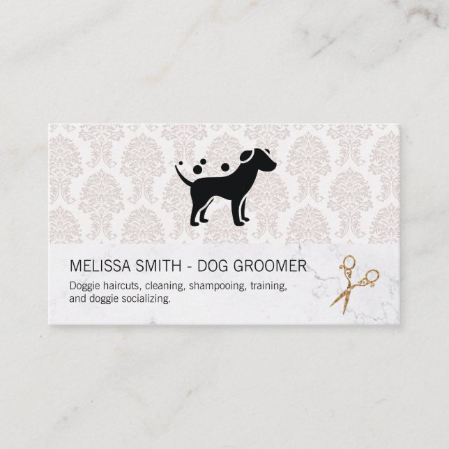 Elegant Dog Groomer | Damask Marble Chic Business Card (Front)
