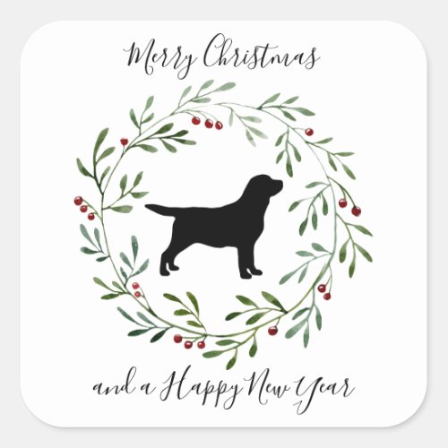 Elegant Dog Merry Christmas Wreath Black Labrador Square Sticker