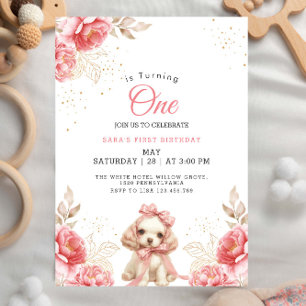 Elegant Dog & Peach Floral First 1st Birthday In Invitation
