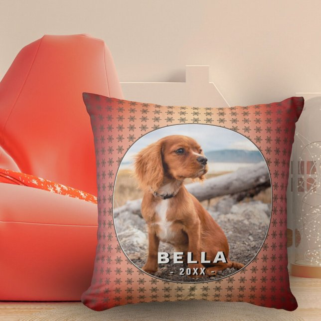Elegant Dog Pet Photo Golden Snowflakes Christmas Throw Pillow (Creator Uploaded)