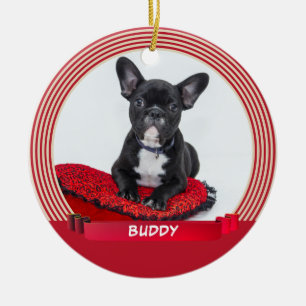 Elegant Dog Puppy Pet Photo Red Ribbon Ceramic Ornament
