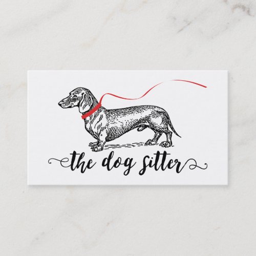 Elegant Dog Sitter Business Card - Professional dog sitter business card featuring a white background that can be changed to any color, a vintage illustration of a dachshund dog, and your business information on the reverse.