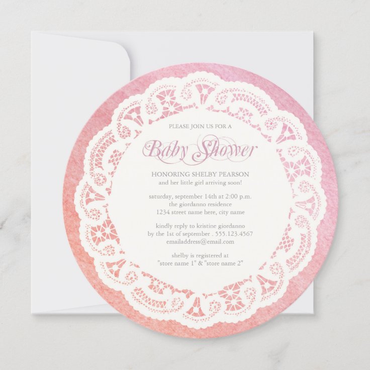 Elegant Doily Baby Shower Invitation / Pink Coral Zazzle
