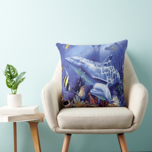 Elegant Dolphins Under Water Ocean Aquatic Life Throw Pillow