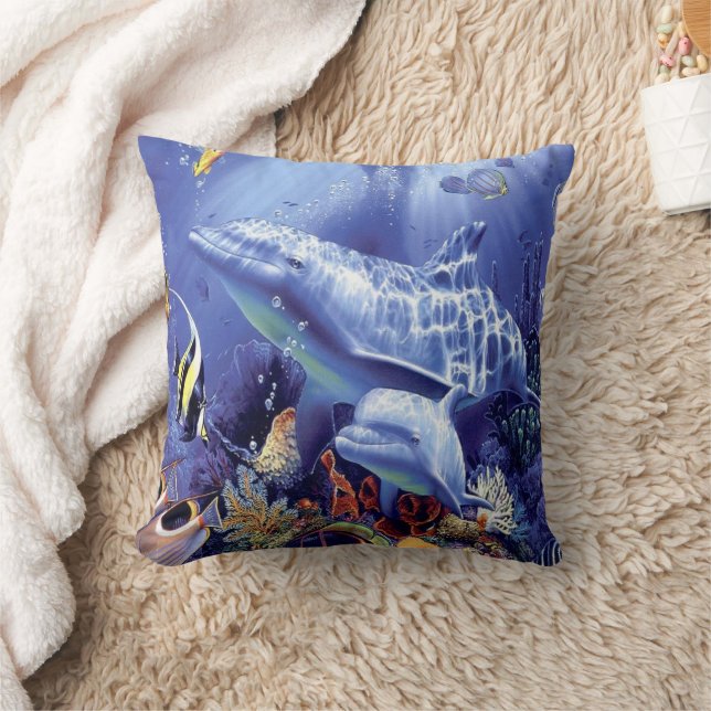 Elegant Dolphins Under Water Ocean Aquatic Life Throw Pillow (Blanket)