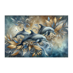Elegant Dolphins with Golden Floral Waves Acrylic Print