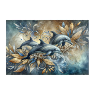 Elegant Dolphins with Golden Floral Waves Acrylic Print