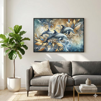 Elegant Dolphins with Golden Floral Waves Canvas Print