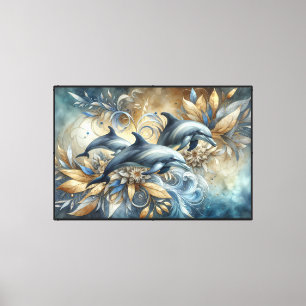 Elegant Dolphins with Golden Floral Waves Canvas Print