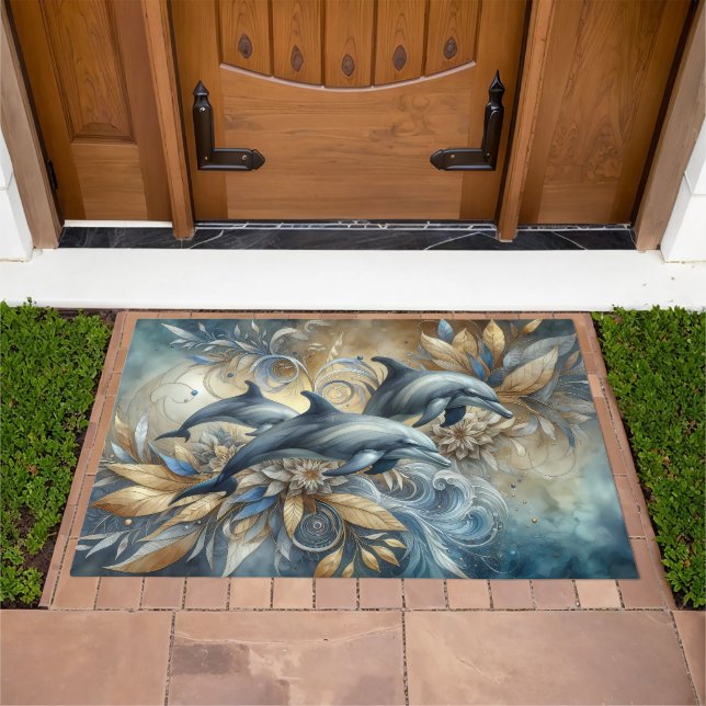 Elegant Dolphins with Golden Floral Waves Doormat (Outdoor)