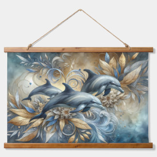 Elegant Dolphins with Golden Floral Waves Hanging Tapestry