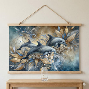 Elegant Dolphins with Golden Floral Waves Hanging Tapestry