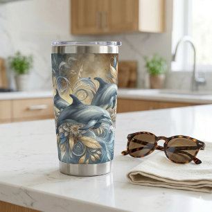 Elegant Dolphins with Golden Floral Waves Insulated Tumbler