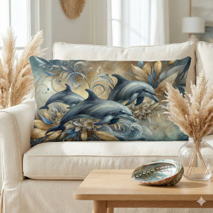 Elegant Dolphins with Golden Floral Waves Lumbar Pillow