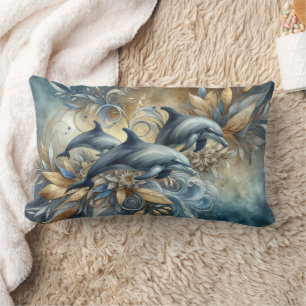 Elegant Dolphins with Golden Floral Waves Lumbar Pillow