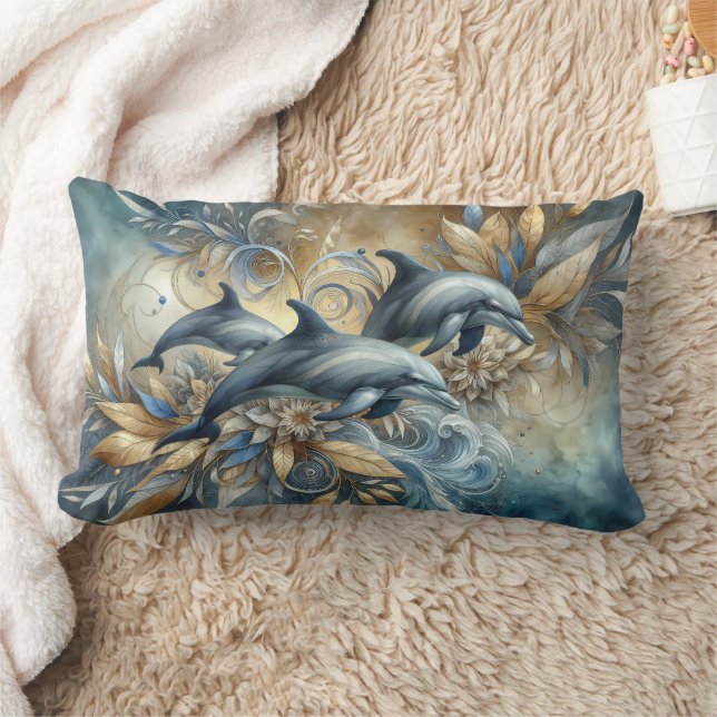 Elegant Dolphins with Golden Floral Waves Lumbar Pillow (Blanket)