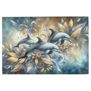 Elegant Dolphins with Golden Floral Waves Metal Print