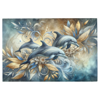 Elegant Dolphins with Golden Floral Waves Metal Print