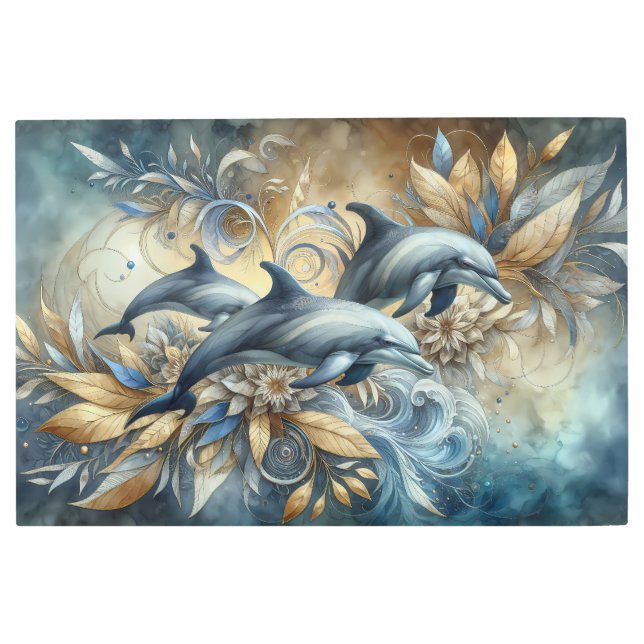 Elegant Dolphins with Golden Floral Waves Metal Print (Front)