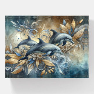 Elegant Dolphins with Golden Floral Waves Paperweight