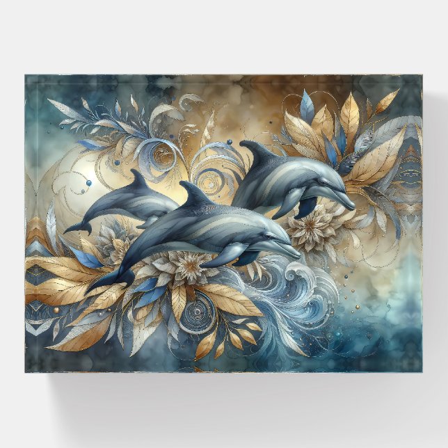 Elegant Dolphins with Golden Floral Waves Paperweight (Front)