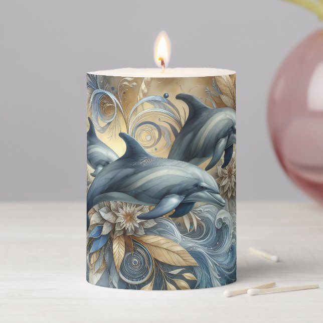 Elegant Dolphins with Golden Floral Waves Pillar Candle (In Situ)