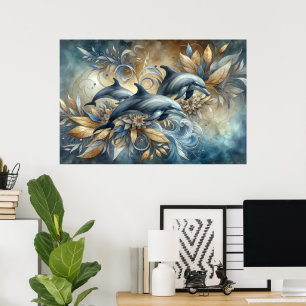 Elegant Dolphins with Golden Floral Waves Poster