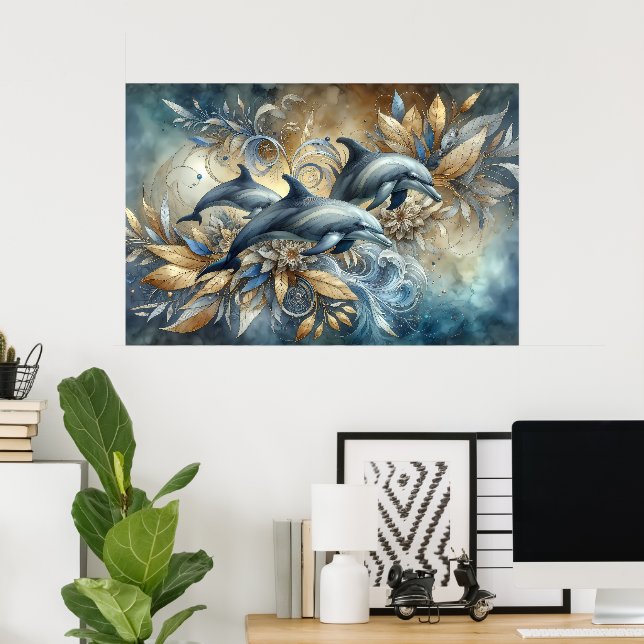 Elegant Dolphins with Golden Floral Waves Poster (Home Office)