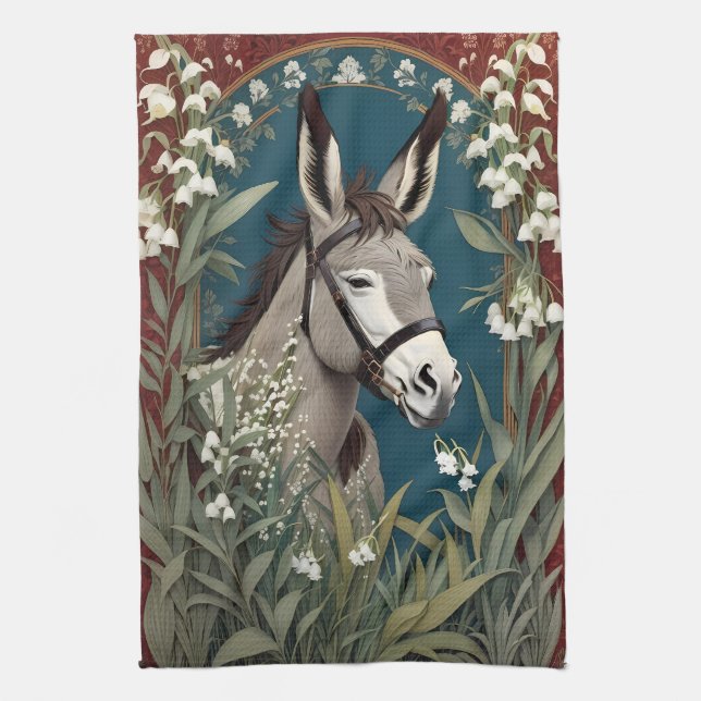 Elegant Donkey and Lily of The Valley Flowers Kitchen Towel (Vertical)