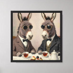 Elegant Donkeys at Tea – Whimsical Wall Art Print