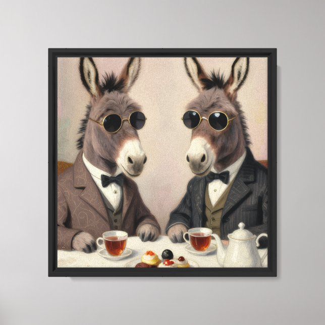 Elegant Donkeys at Tea – Whimsical Wall Art Print (Front)