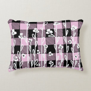Elegant doodle black pink floral plaid pattern accent pillow