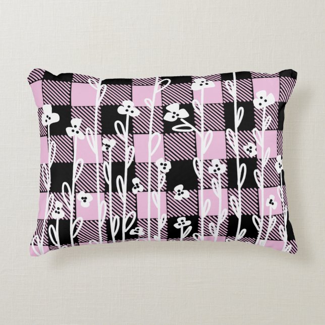 Elegant doodle black pink floral plaid pattern accent pillow (Front)