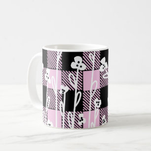 Elegant doodle black pink floral plaid pattern coffee mug