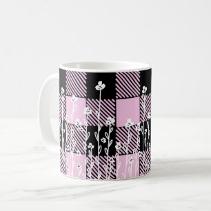 Elegant doodle black pink floral plaid pattern coffee mug
