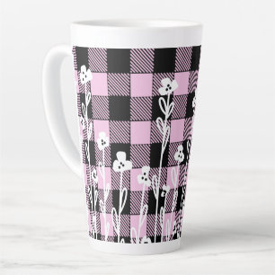 Elegant doodle black pink floral plaid pattern latte mug