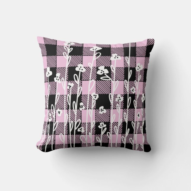 Elegant doodle black pink floral plaid pattern throw pillow (Front)