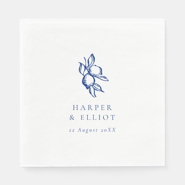 Elegant Doodle Blue Lemons Wedding Napkins (Front)