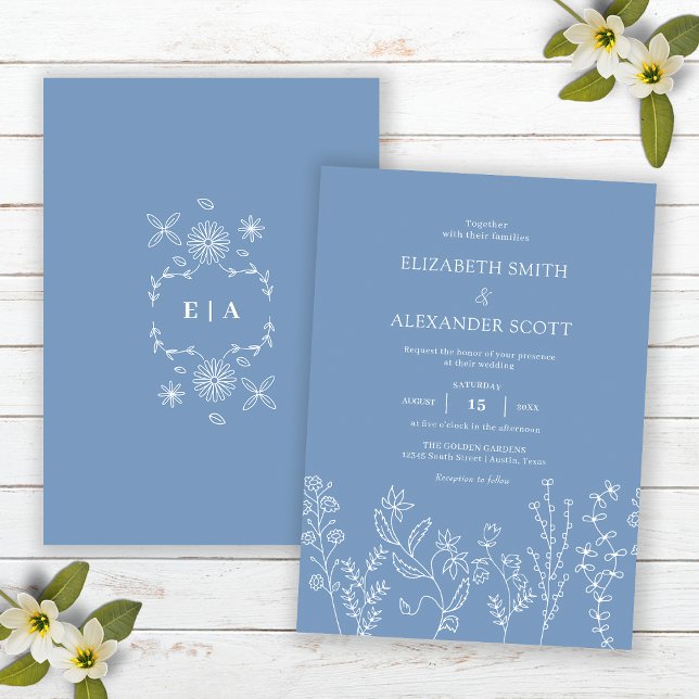 Elegant Doodle Wildflower Periwinkle Wedding Invitation (Front and Back)