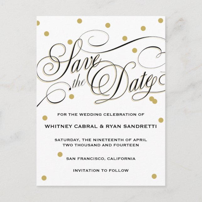 Elegant Dot Gold Save the Date Announcement Postcard (Front)