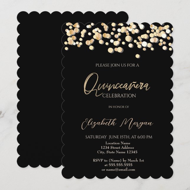 Elegant Dots, Confetti Black Quinceañera  Invitation (Front/Back)