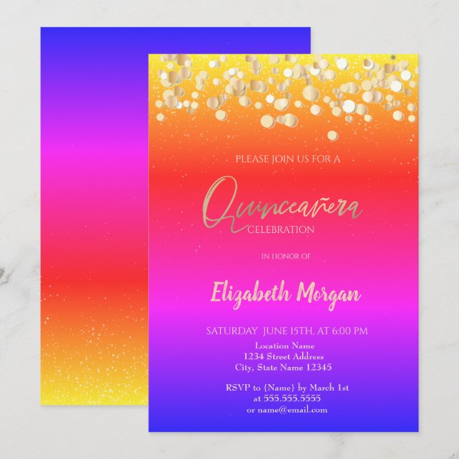 Elegant Dots, Confetti Colorful Ombre Quinceañera Invitation (Front/Back)