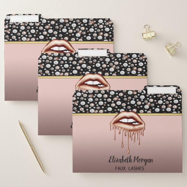 Elegant  Dots,Rose Gold, Metallic Dripping Lips File Folder (Set)