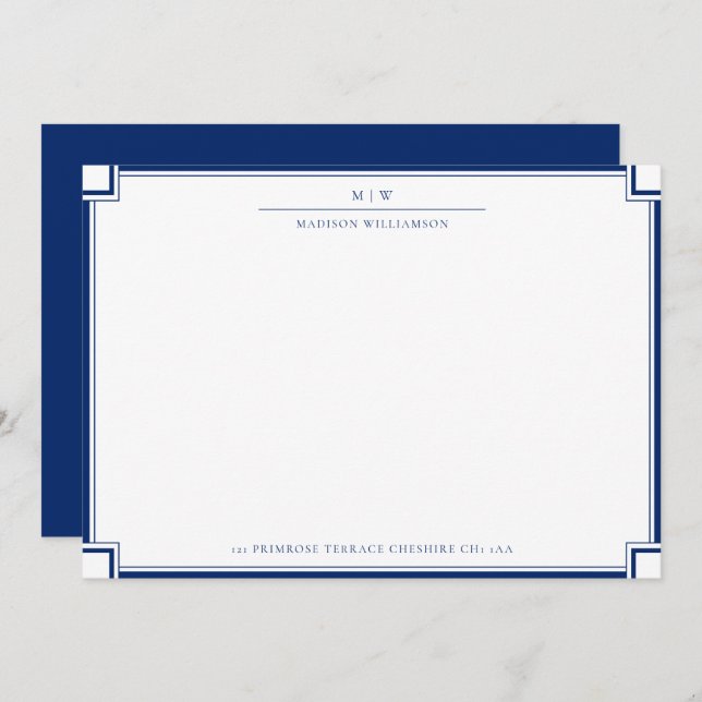 Elegant Double Border Name Initials Correspondence Note Card (Front/Back)