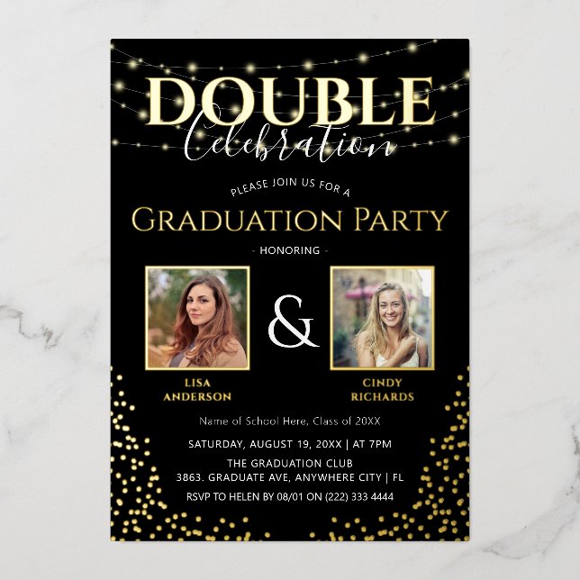 Elegant Double Celebration Graduation Party Gold Foil Invitation (Front)