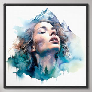 Elegant double exposure of woman and mountain framed art