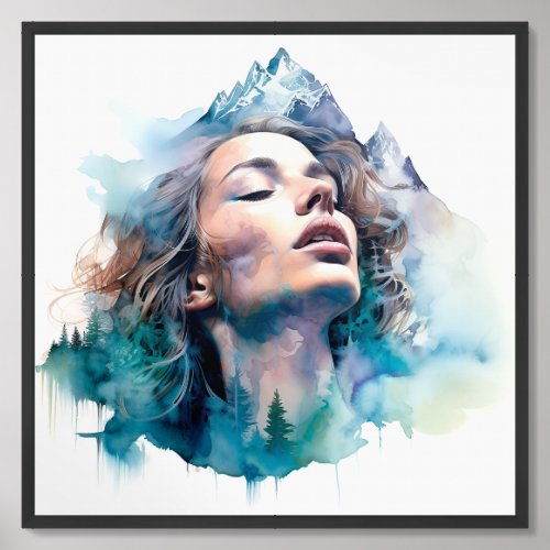 Elegant double exposure of woman and mountain framed art