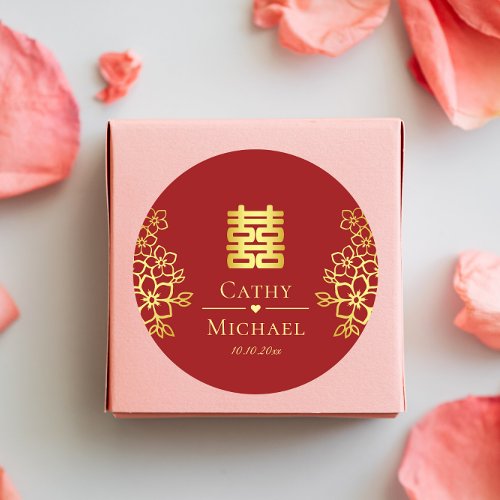 Elegant double happiness Chinese wedding floral Classic Round Sticker